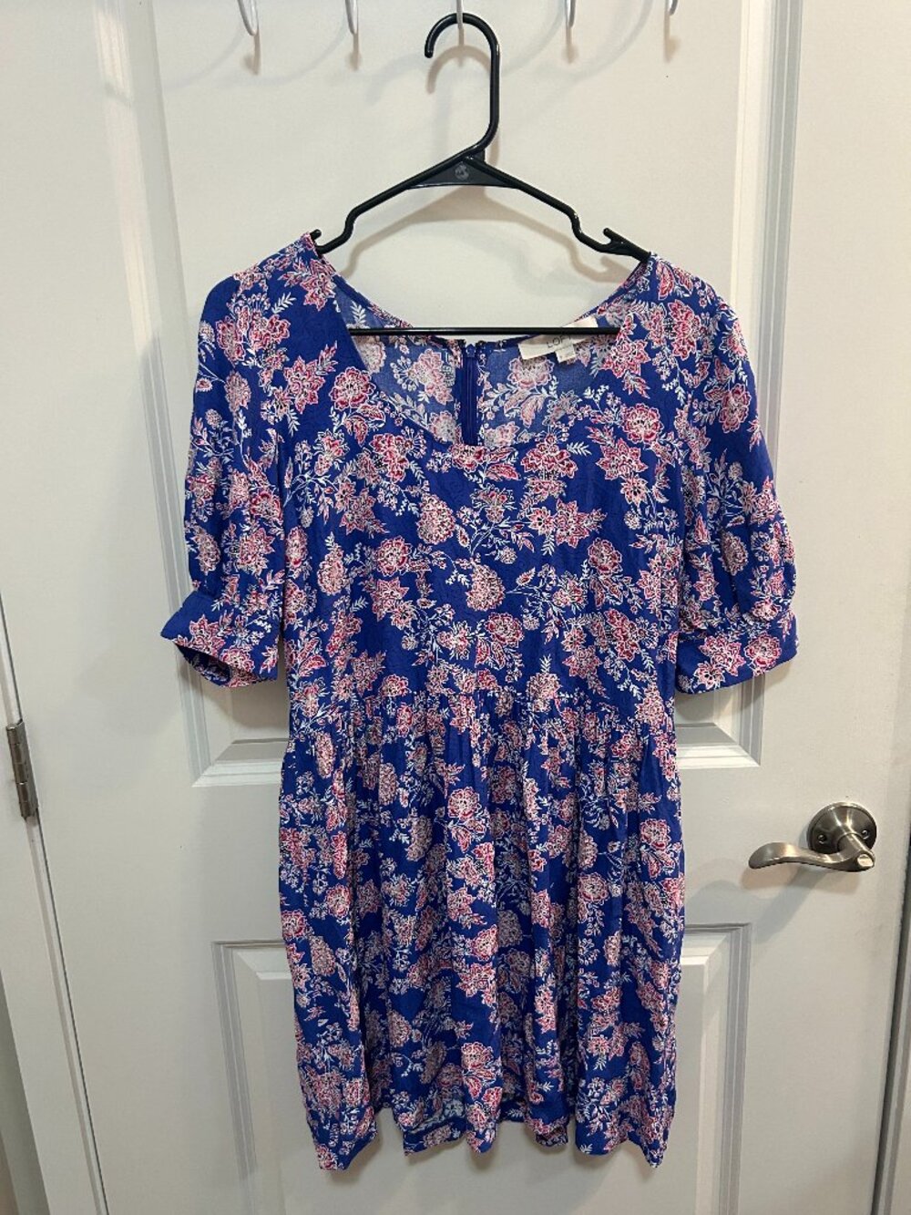 LOFT Floral Mini Dress Womens Size 8 Blue Pink Puff Sleeve Fit Flare Summer Boho